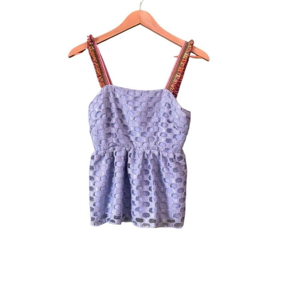 Waverly Grey Blue Lace Tank Peplum Top Colored Fringe Straps Sz XS Boho